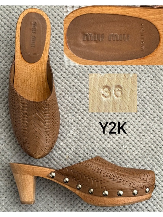 MuMu Shoes - Miu Miu 36 US 6 Y2K Woven Leather Wooden Mules Metal Studs Chunky Wood Mid-Heel